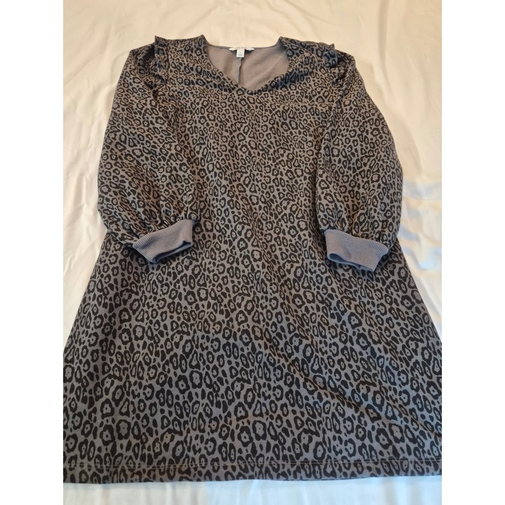 Nine West Leopard Print Ruffle Shoulder V-Neck Sweatshirt Dress Gray Size Large - Picture 6 of 10